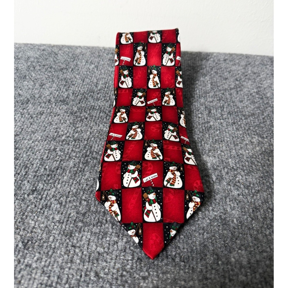 Hallmark Yule Tie Greetings Snowman Red Black Check Christmas Woven Neck Tie
